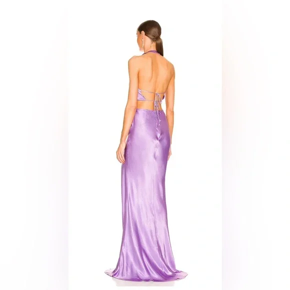 Sau Lee Salome Gown In Purple Satin High Slit Bow Halter Dress Size 4 - Picture 2 of 10